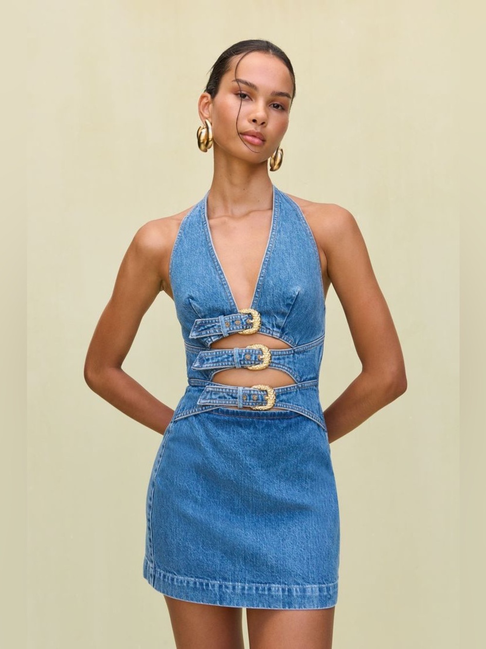 NWOT CULT GAIA Anice Triple Buckle Cut Out Halter Neck Denim Mini Dress